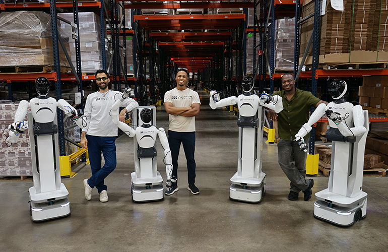 Avatar Robotics. Humanoid workers step into the warehouse floor