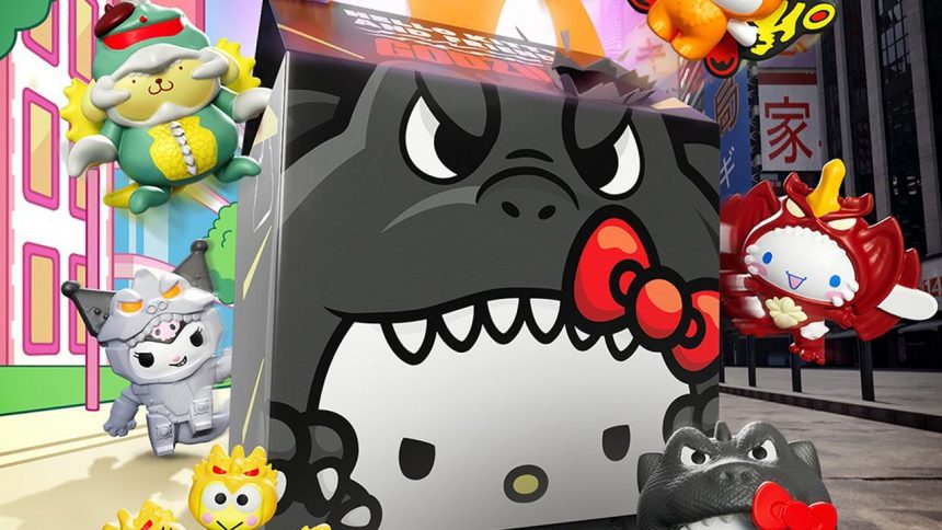Hello Kitty x Godzilla. Sanrio cuteness meets kaiju chaos in your Happy Meal box