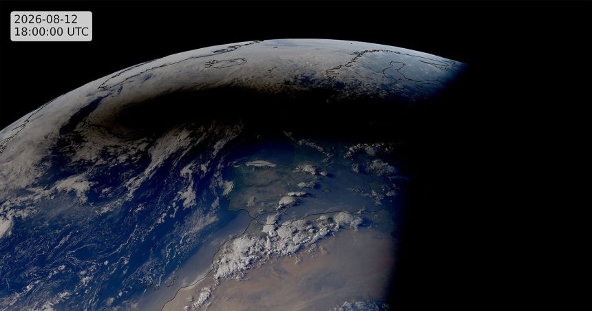 Meteosat-12 and GOES-19. The 2026 eclipse caught from geostationary orbit